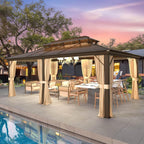 Tonnelle à toit rigide pour jardin – Pergola permanente avec filet, rideaux et double toit, abri extérieur toutes saisons