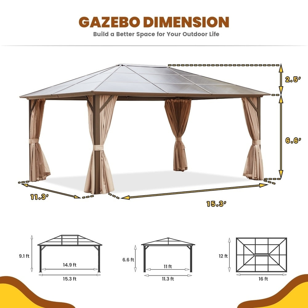 Tonnelle à toit rigide pour jardin – Pergola permanente avec filet, rideaux et double toit, abri extérieur toutes saisons