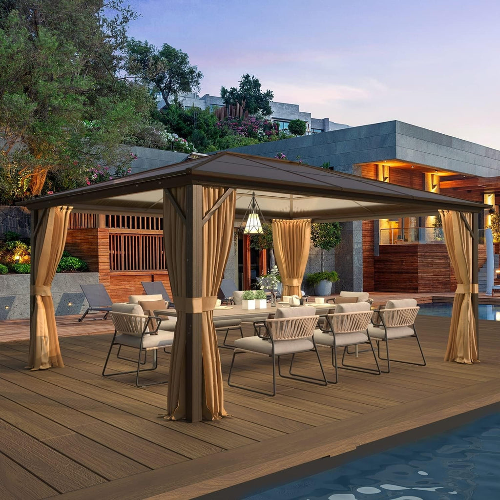 Tonnelle à toit rigide pour jardin – Pergola permanente avec filet, rideaux et double toit, abri extérieur toutes saisons