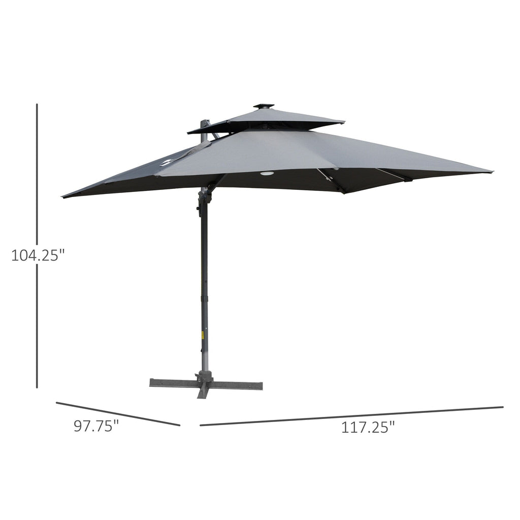 Parasol de terrasse solaire à LED Outsunny de 3 m, parasol suspendu décalé avec rotation à 360°, base croisée, 8 baleines, inclinaison et manivelle