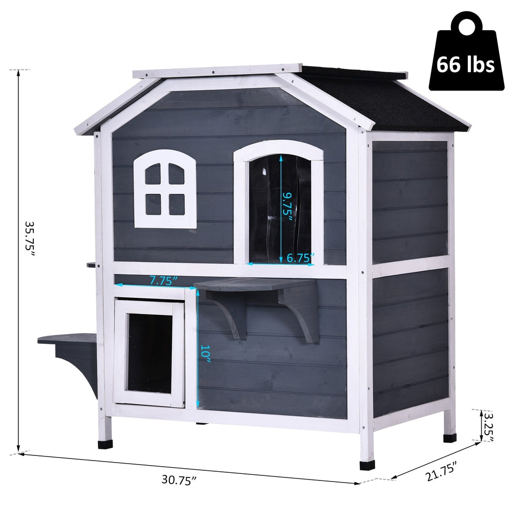 Maison pour chat d'extérieur PawHut en bois de sapin à deux étages, abri pour chats sauvages en bois avec toit en asphalte ouvrable pour intérieur/extérieur, blanc/gris