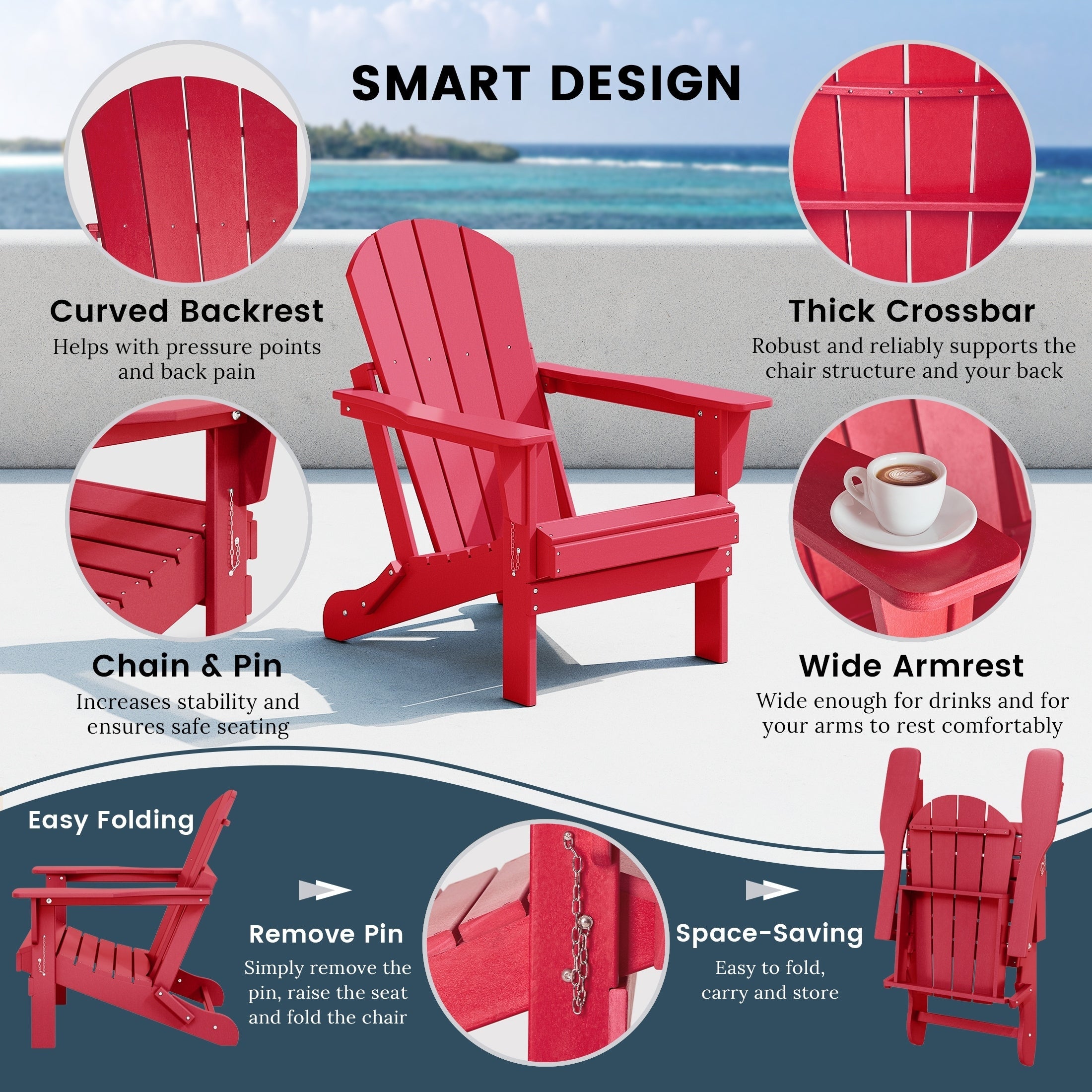 Chaise pliante Adirondack Polytrends Laguna résistante à la décoloration et aux intempéries pour patio extérieur