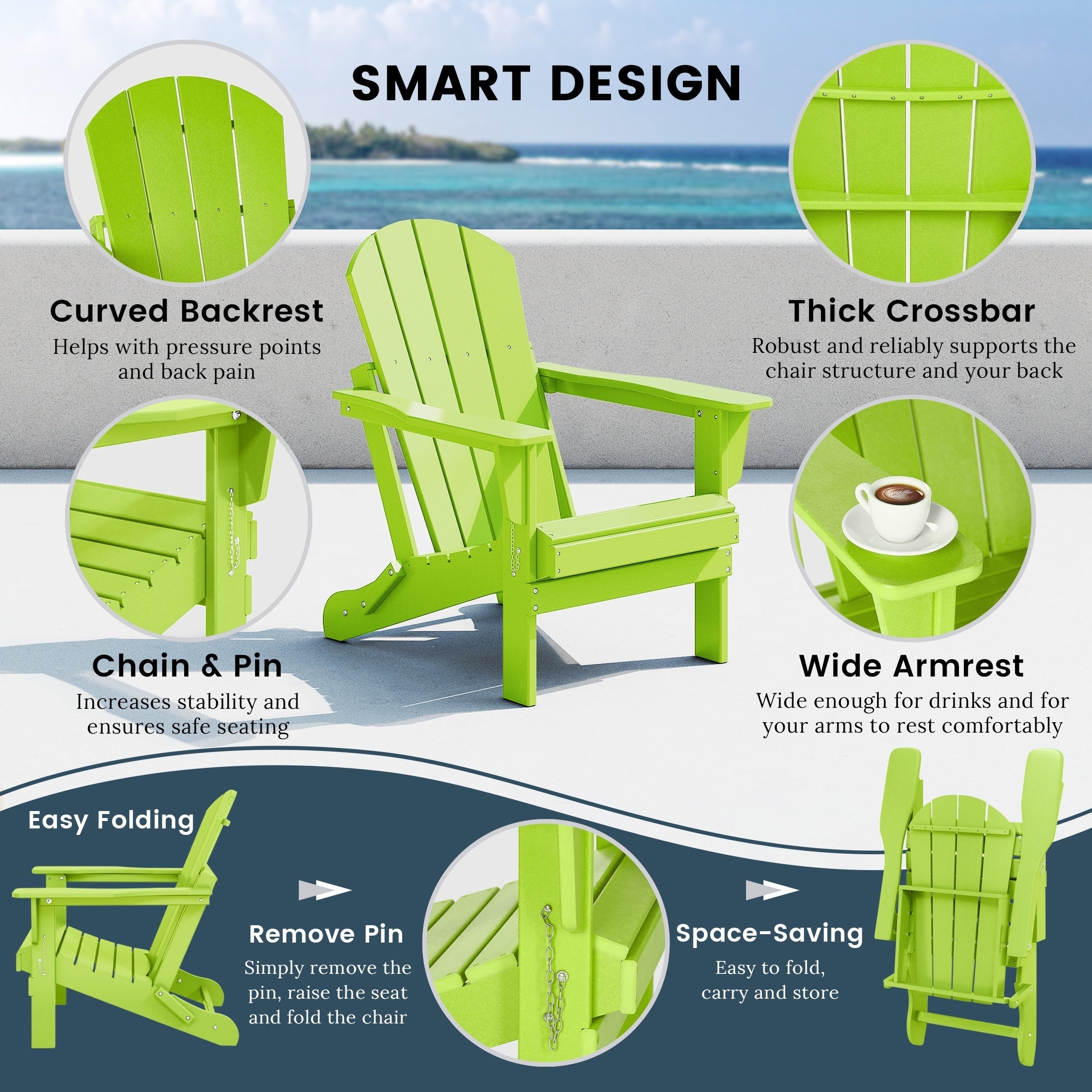Chaise pliante Adirondack Polytrends Laguna résistante à la décoloration et aux intempéries pour patio extérieur