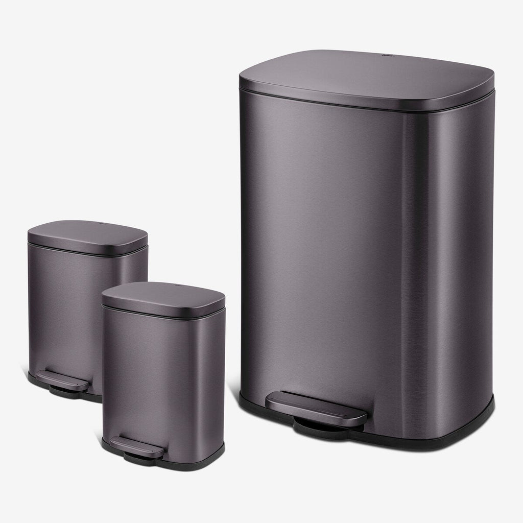 Poubelles rectangulaires Qualiazero de 13,2 gallons et deux de 1,3 gallon à pédale - Ensemble familial