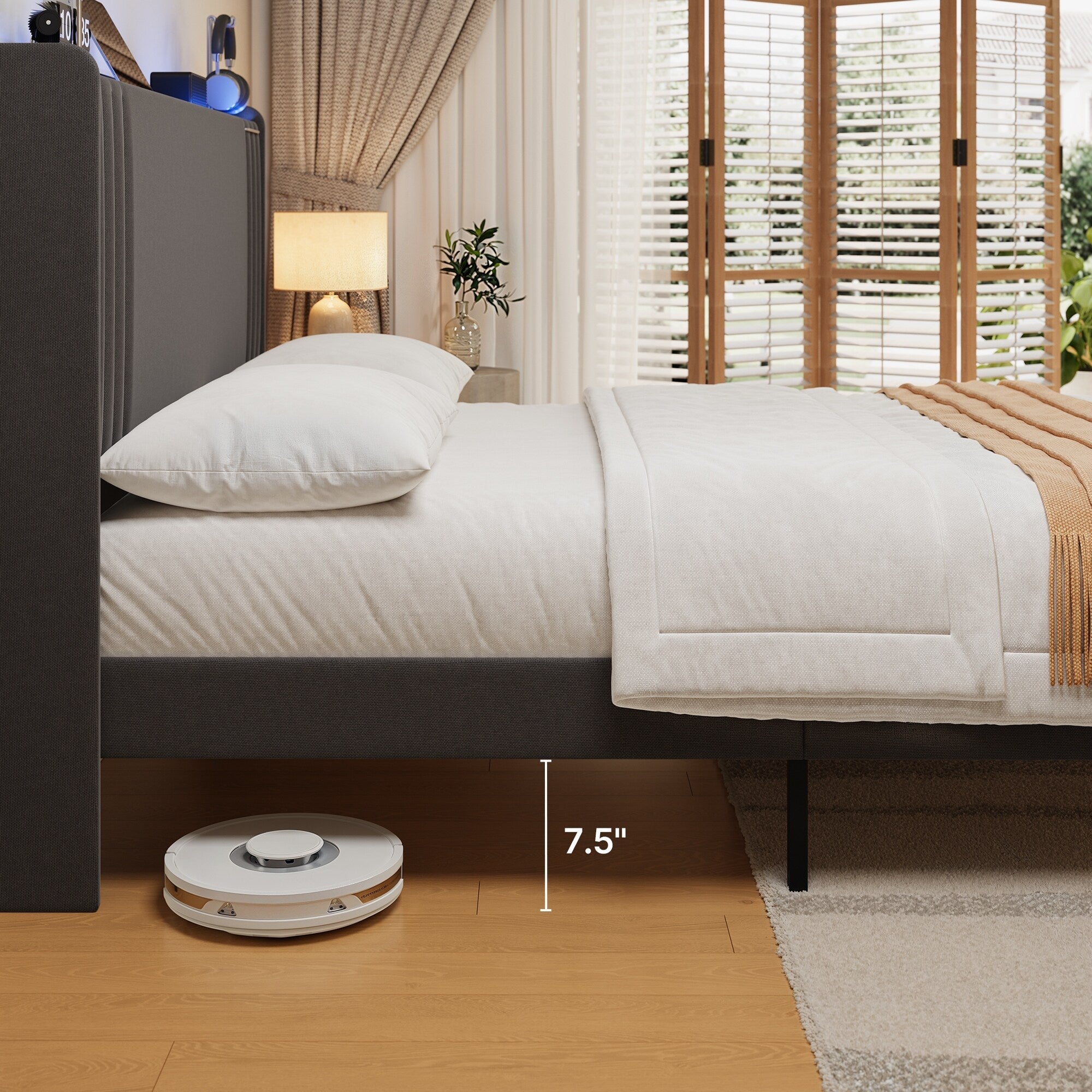 Lit Queen/Full rembourré à canaux verticaux avec tête de lit à oreilles