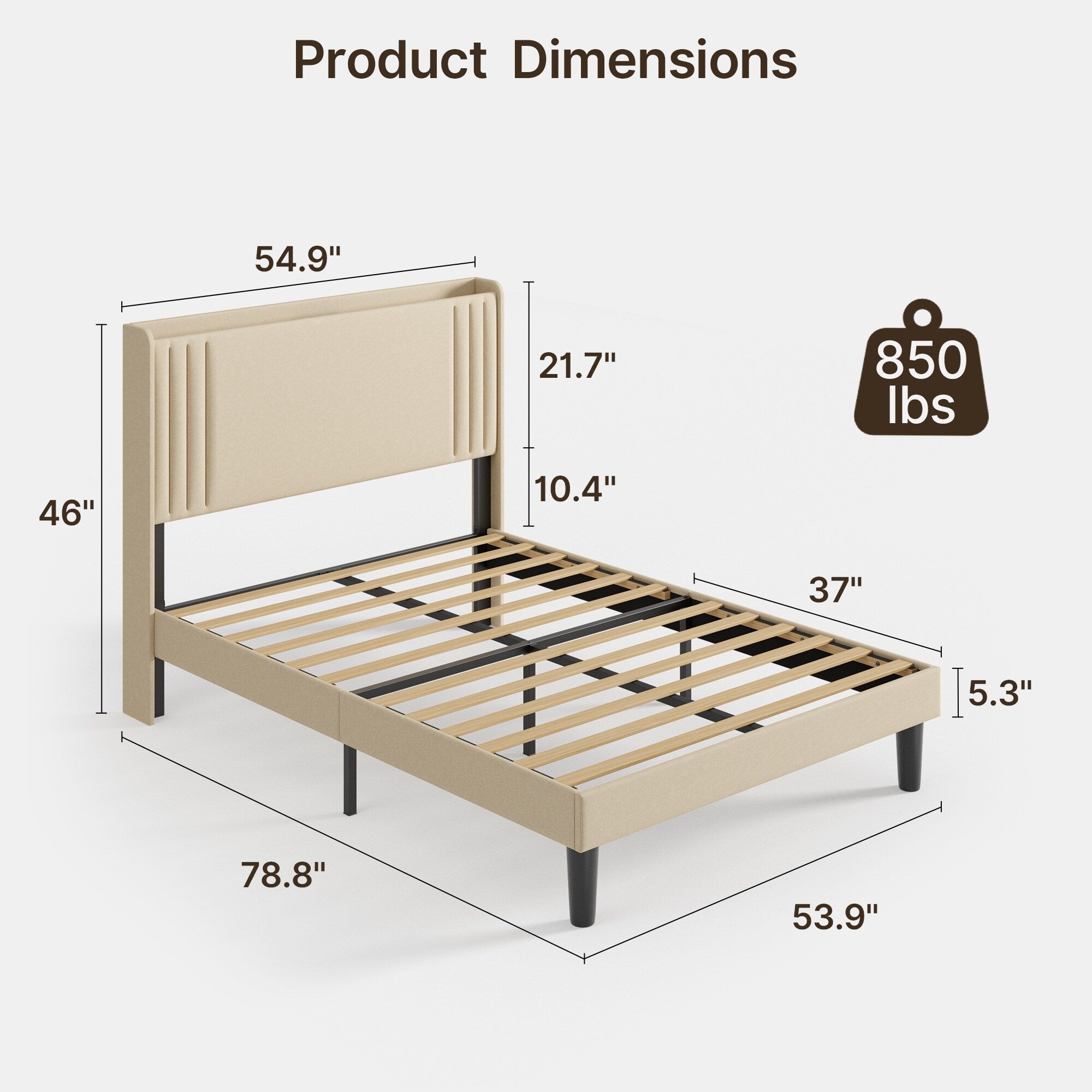 Lit Queen/Full rembourré à canaux verticaux avec tête de lit à oreilles