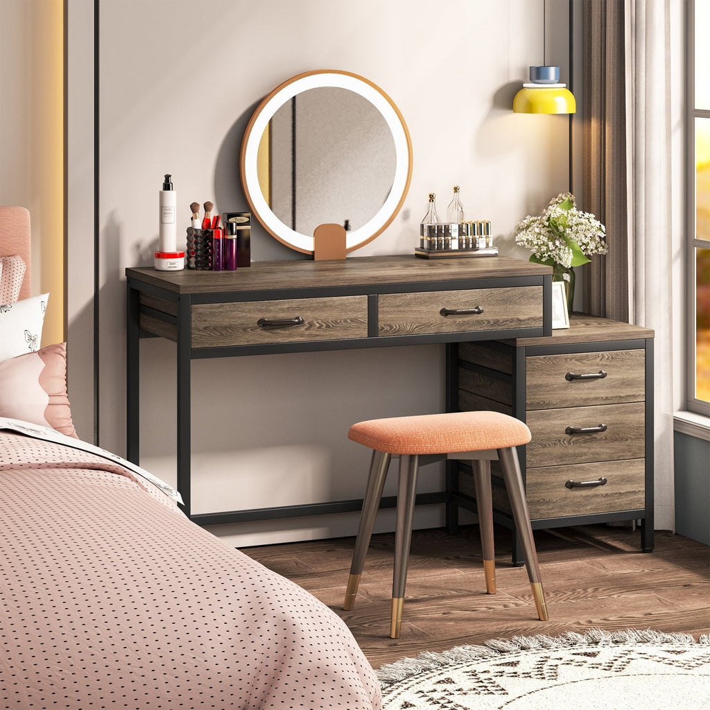 Bureau d'ordinateur réversible avec 5 tiroirs, bureau à domicile avec classeur, tiroir et support d'imprimante