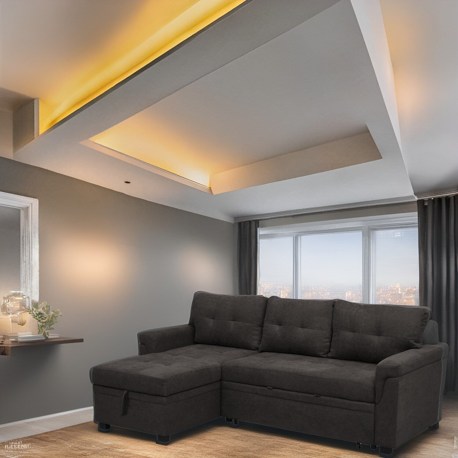 Canapé sectionnel réversible avec lit gigogne, méridienne avec rangement dissimulé, pieds durables,