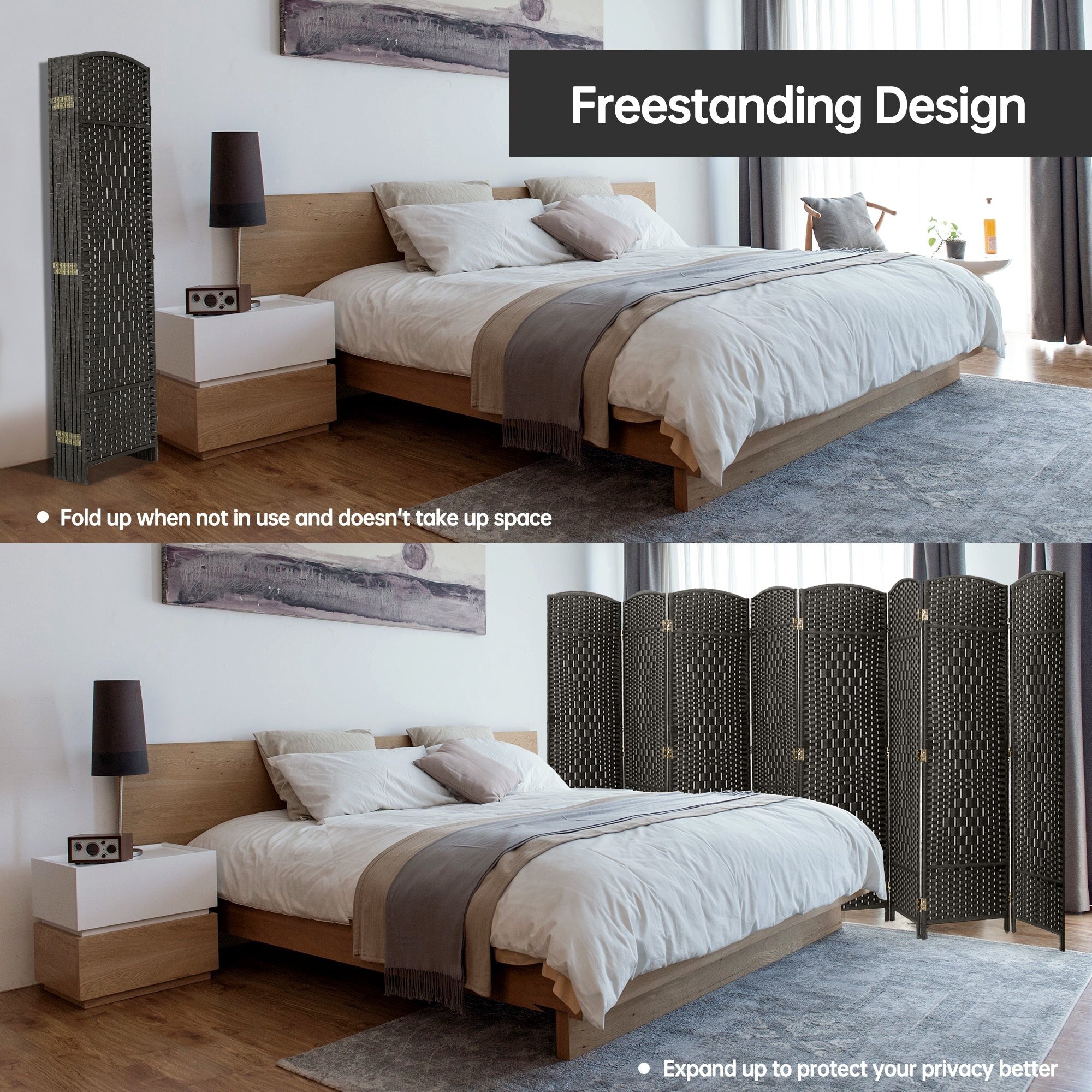 Paravent de séparation de pièce de 6 pieds de haut en fibre tissée, écran de confidentialité autoportant, écran pliant