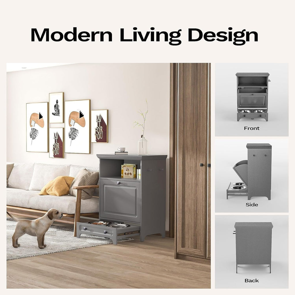 Station d'alimentation pour chiens Roomfitters avec 2 gamelles surélevées et armoire d'alimentation inclinable pour animaux de compagnie