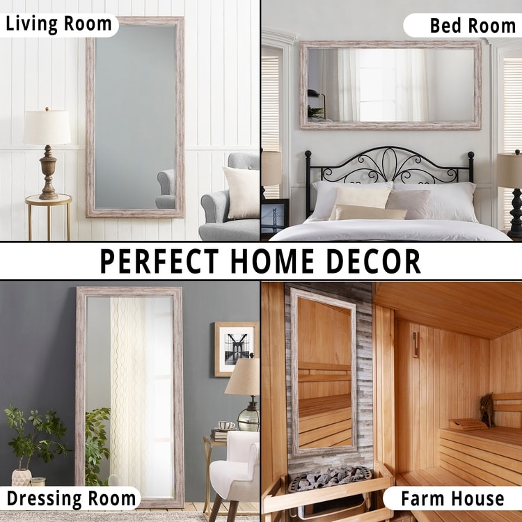 Miroir de sol rustique pleine longueur - 66 x 32 Miroir rectangulaire en bois pour salon, chambre à coucher