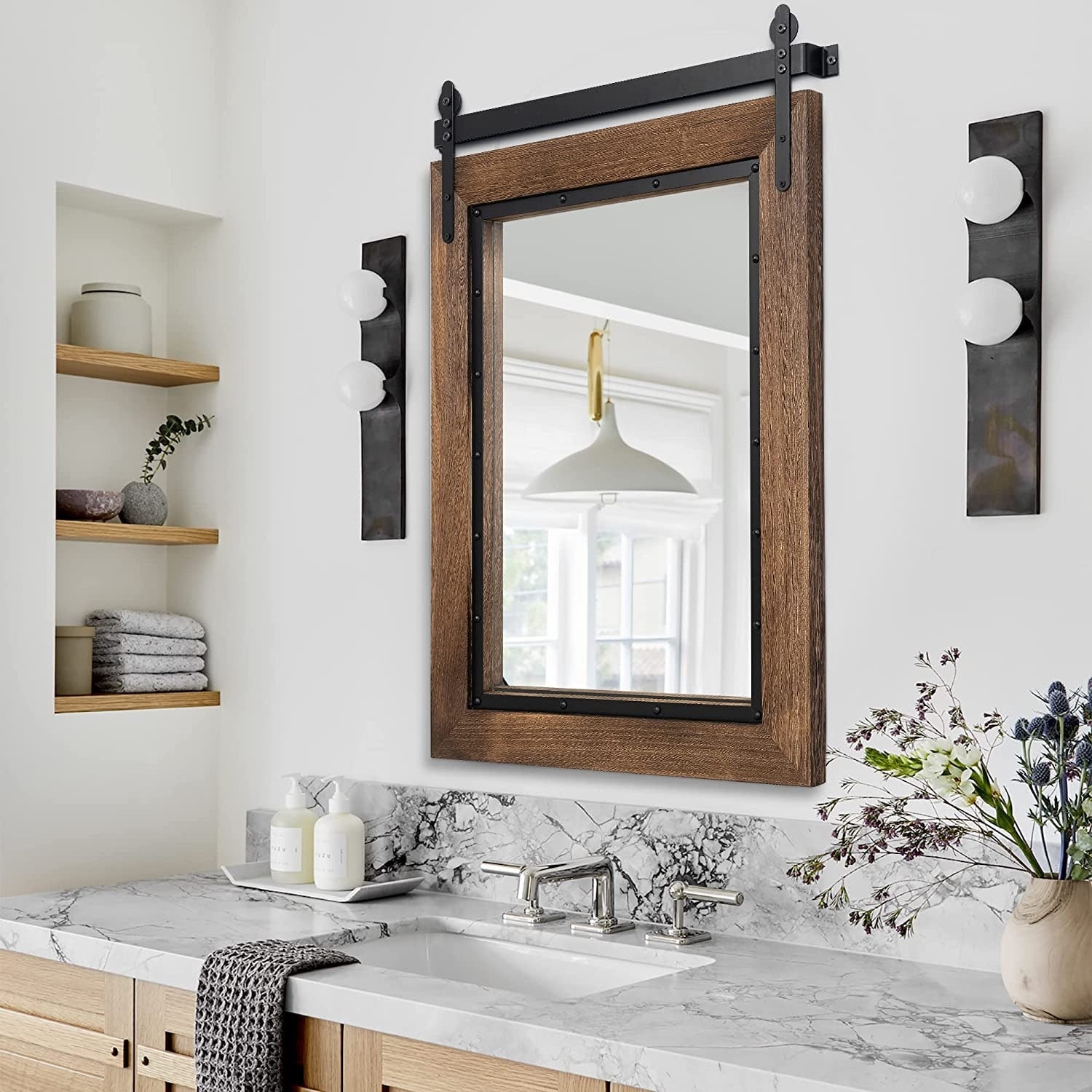 Farmhouse Barn Door Style Natural Wood Bathroom Vanity Wall Mirror