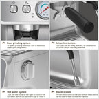 Machine à café semi-automatique avec contrôle intelligent de la température et fonction eau chaude, 30 réglages de mouture