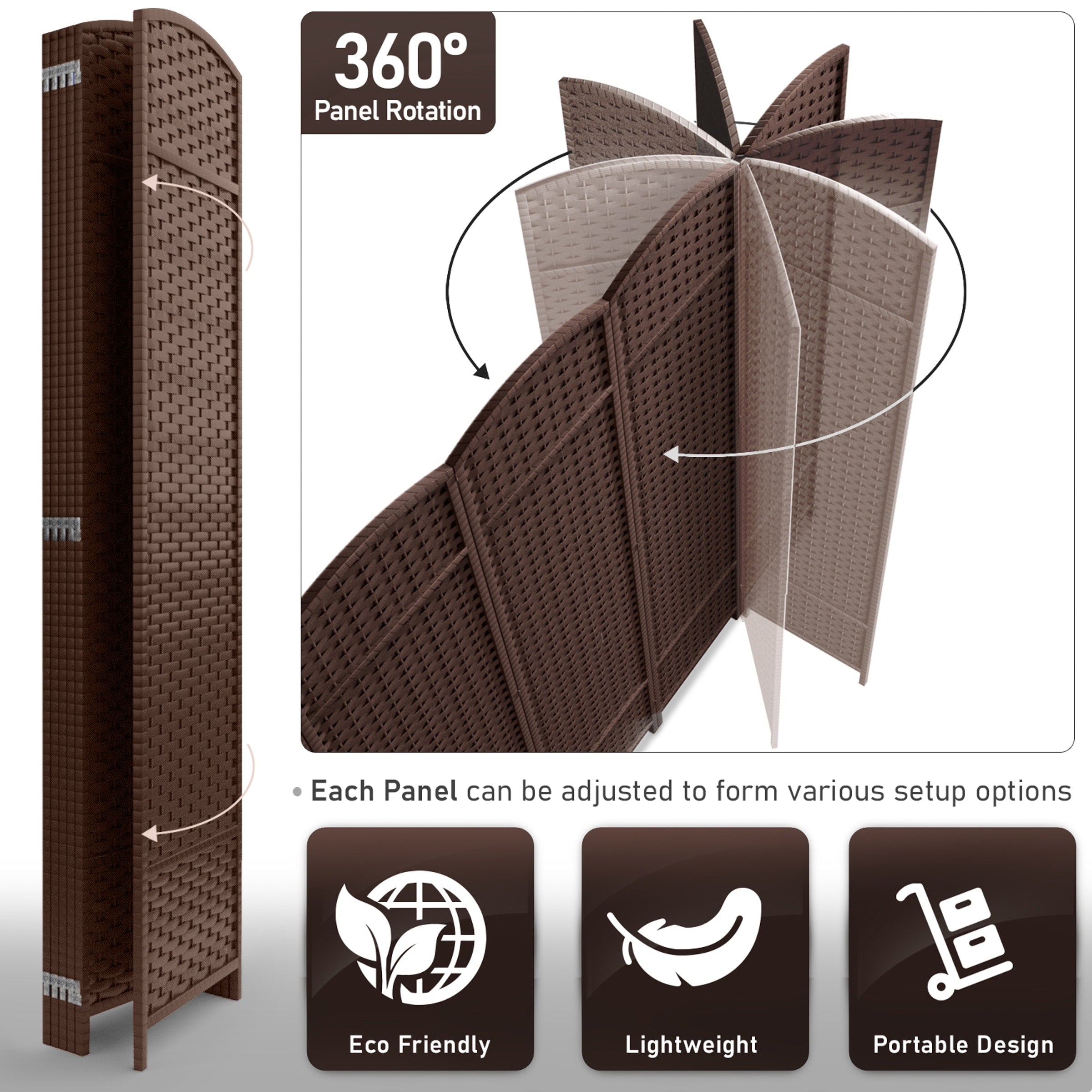 Séparateur de pièce Sorbus à 6 panneaux, cloison de séparation extra large et pliable, tissé à la main, à double charnière, en maille - 1,8 m