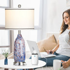 Lampe de table 2 en 1 avec veilleuse en verre indigo, ports de charge, prise secteur, abat-jour tambour, interrupteur tactile à intensité variable (lot de 2)