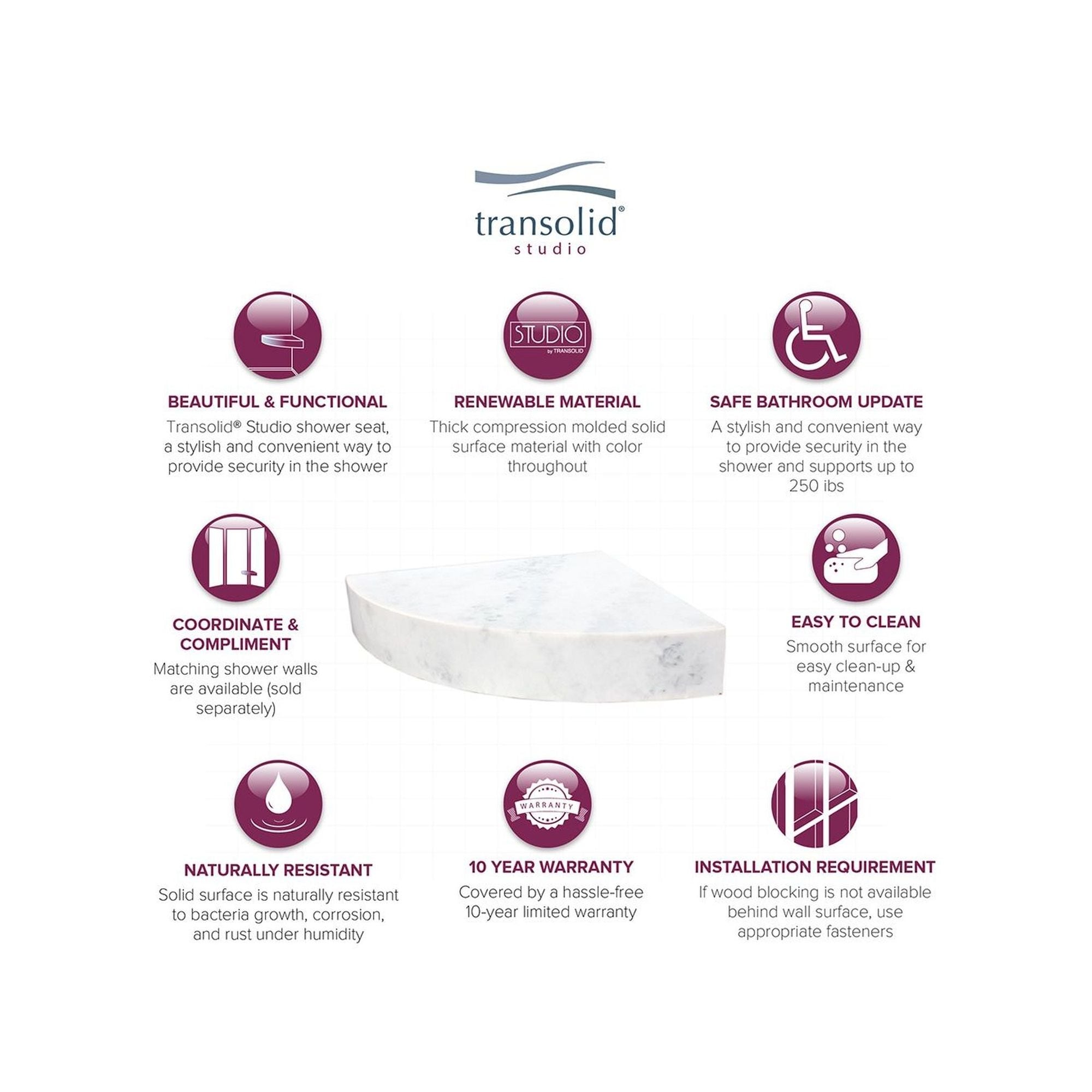 Siège de douche d'angle mural en surface solide Transolid Studio 14 po x 14 po - 14,5 x 14,25 x 3