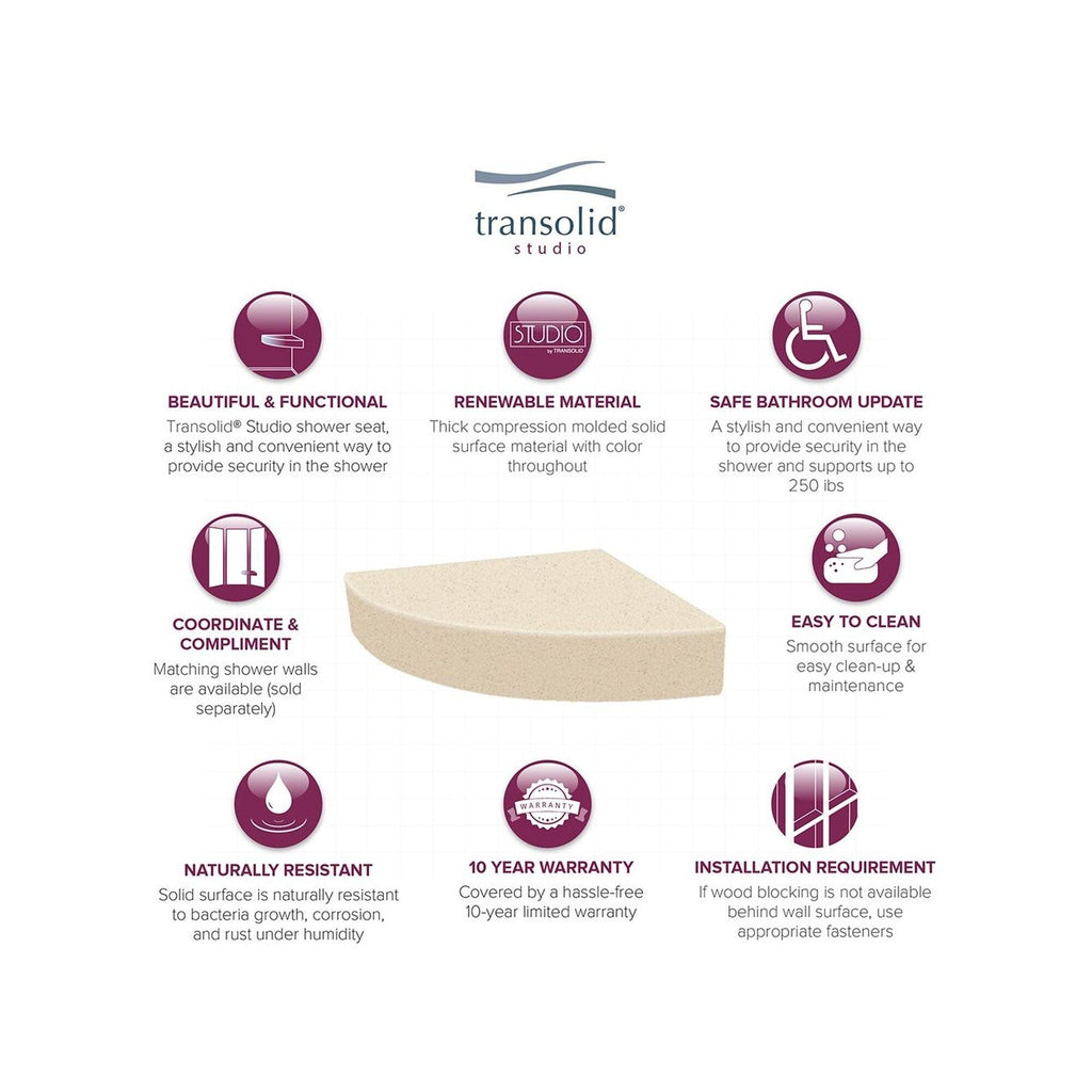 Siège de douche d'angle mural en surface solide Transolid Studio 14 po x 14 po - 14,5 x 14,25 x 3
