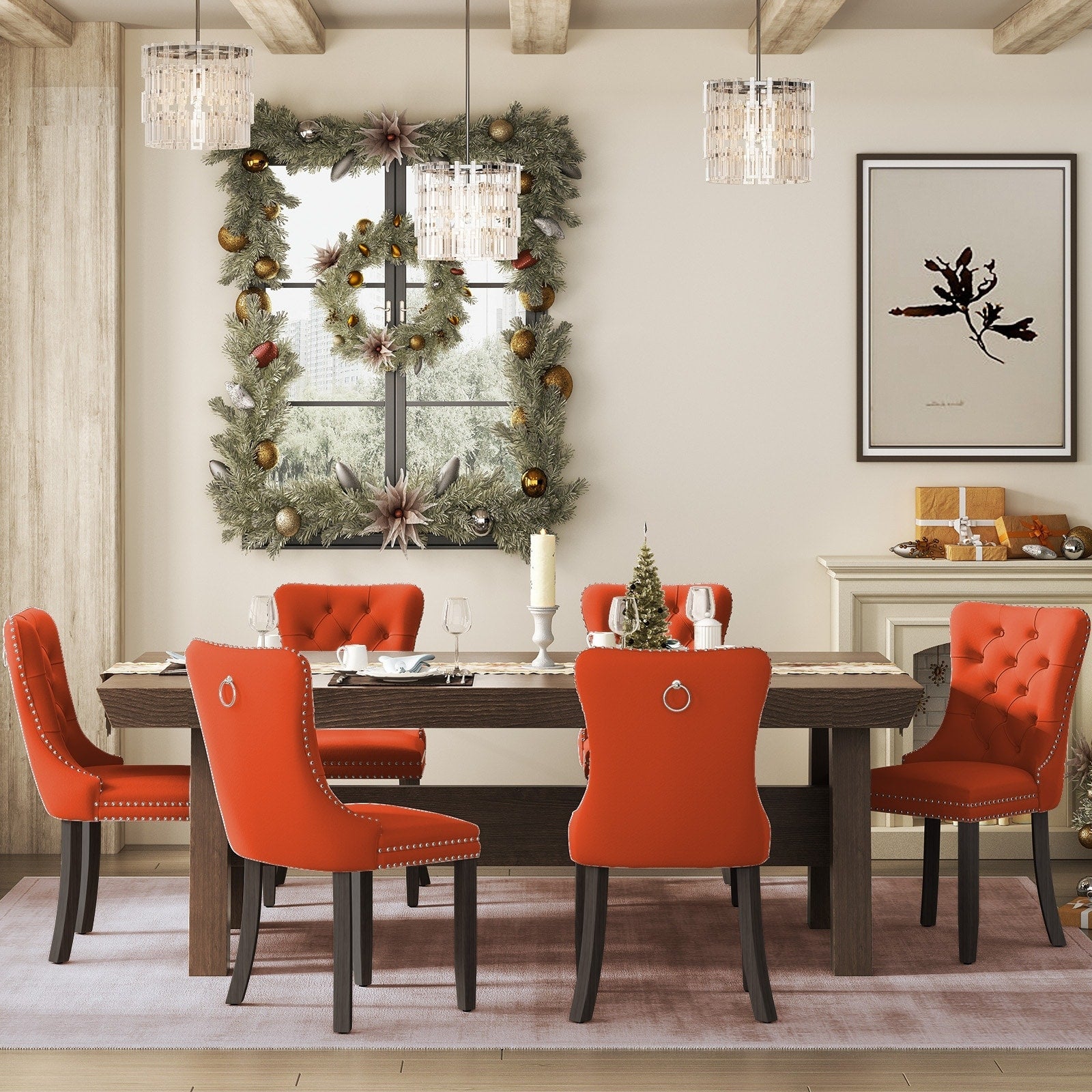 Chaise de salle à manger capitonnée en velours avec pieds en bois massif, lot de 6