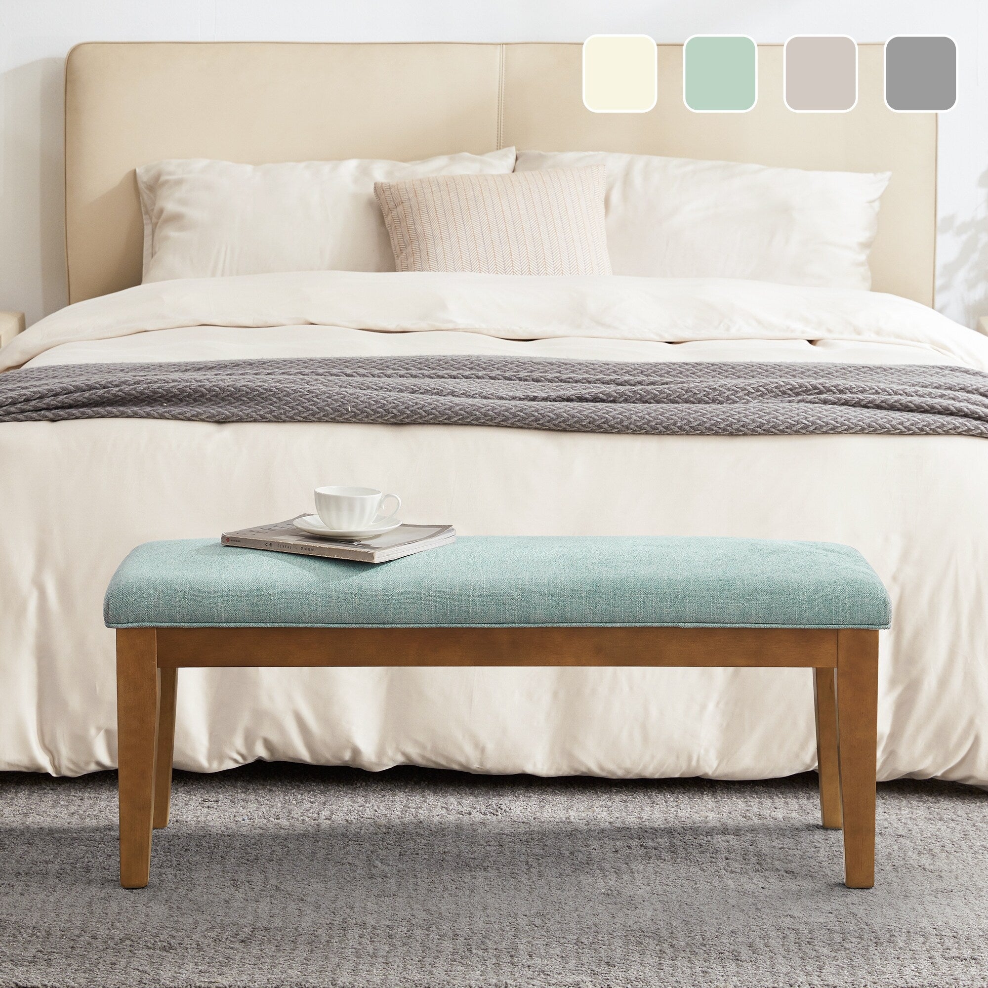 Banc d'entrée rembourré en tissu, banc de chambre pour bout de lit beige, bois massif 44 pouces