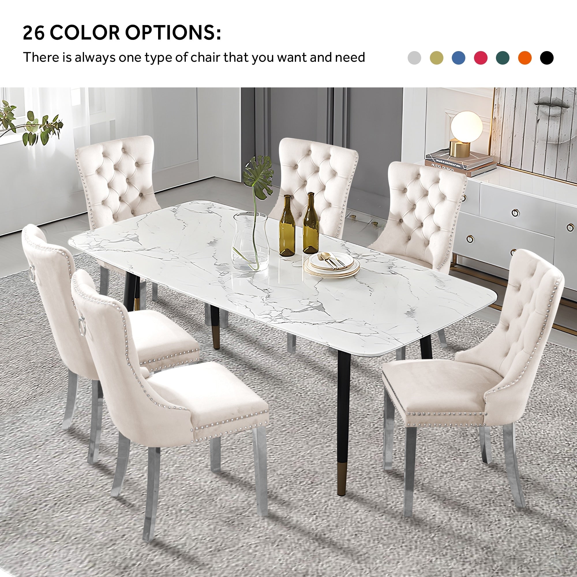 Chaise de salle à manger capitonnée en velours avec pieds en bois massif, lot de 6