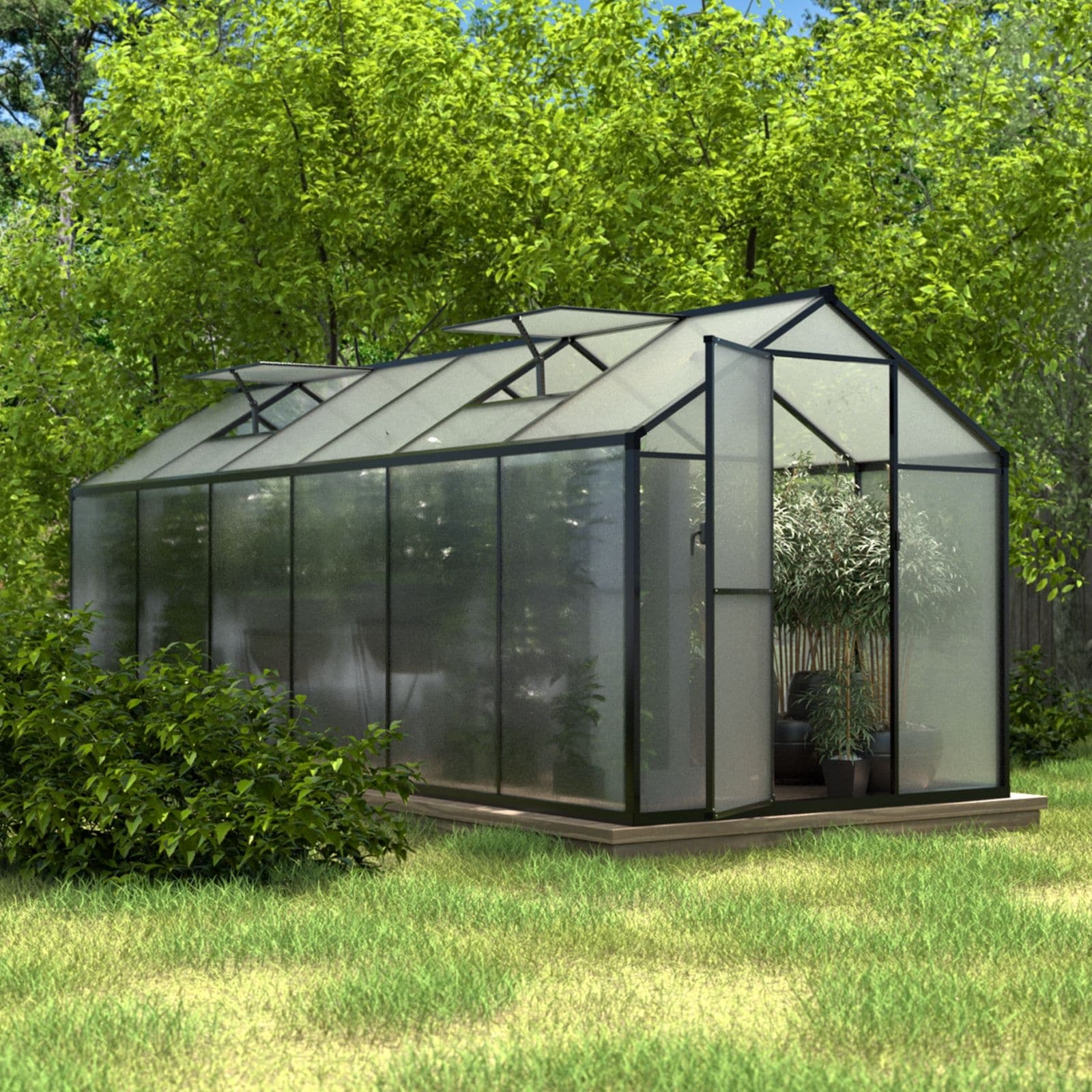 Serre de jardin en aluminium VEIKOUS avec ventilation de toit réglable et porte verrouillable, gris