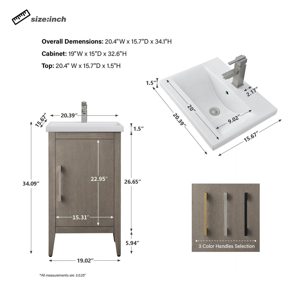 Meuble-lavabo simple Vanity Art 20, 24 ou 30 avec dessus en céramique