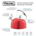Bouilloire sifflante Viking en acier inoxydable rouge de 2,6 litres avec base à 3 couches