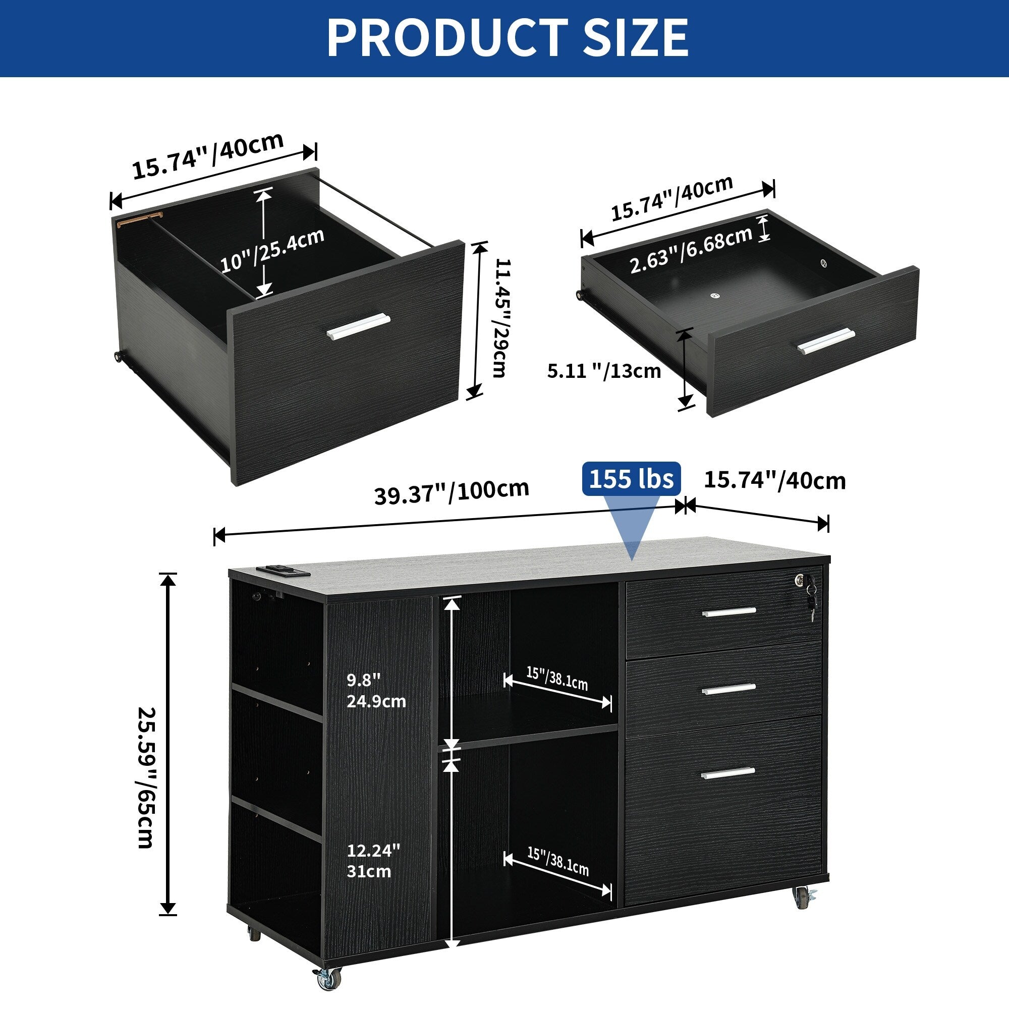 Classeur latéral mobile en bois avec station de charge verrouillable, compatible avec les dossiers de format A4, Lettre et Légal