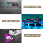 2 Drawers LED Nightstand Wireless Charging Station Pull-Out Shelf