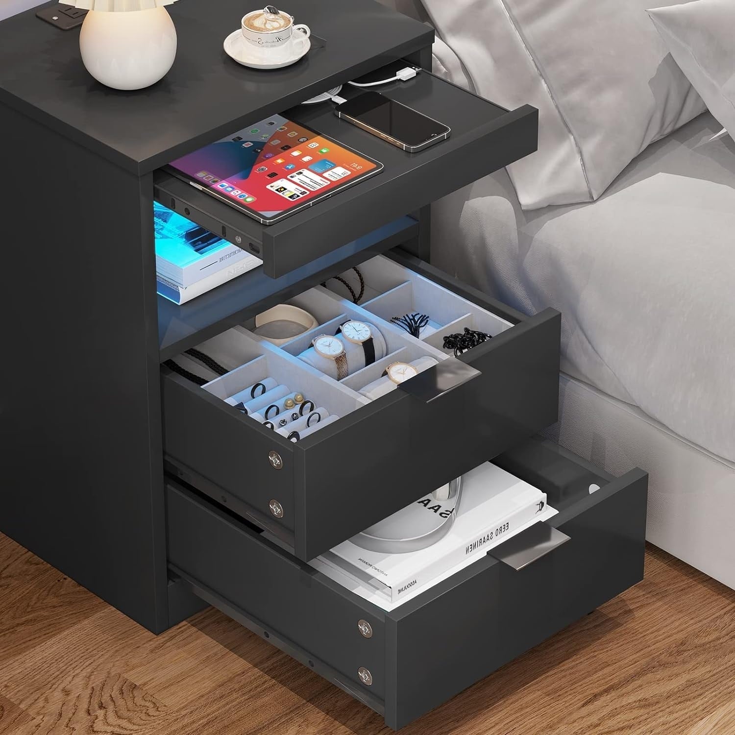 2 Drawers LED Nightstand Wireless Charging Station Pull-Out Shelf