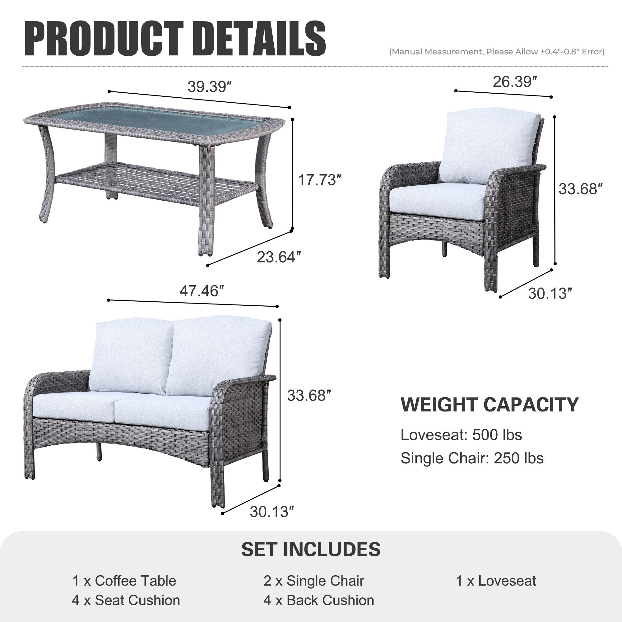 Ensemble de conversation de 4 pièces pour patio extérieur XIZZI avec table